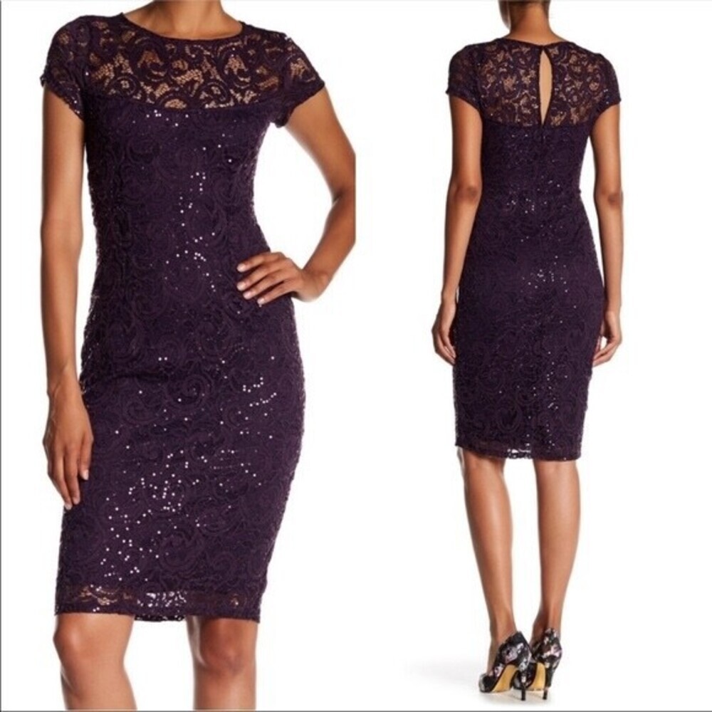 MARINA Women's Sequin Lace V-Neck 3/4 Illusion Sheer Sleeve Gown size XS purple